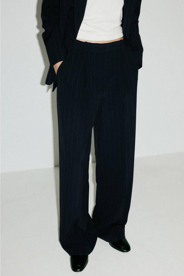 Mango straight leg broek met krijtstreep blauw