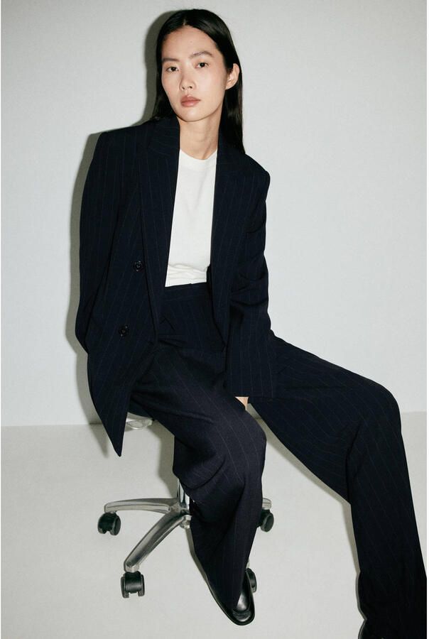 Mango straight leg broek met krijtstreep blauw - Foto 3