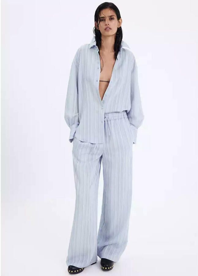 Mango straight leg broek met krijtstreep lichtblauw - Foto 3