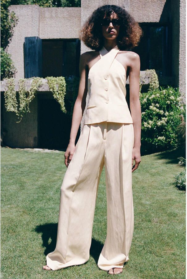 Mango straight leg broek met linnen beige - Foto 3