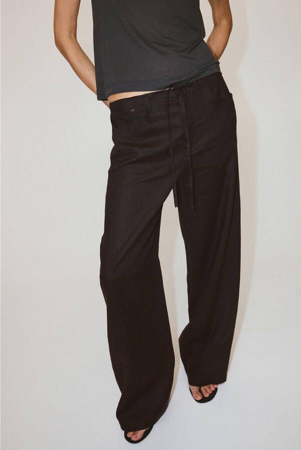 Mango straight leg broek met linnen bruin - Foto 3