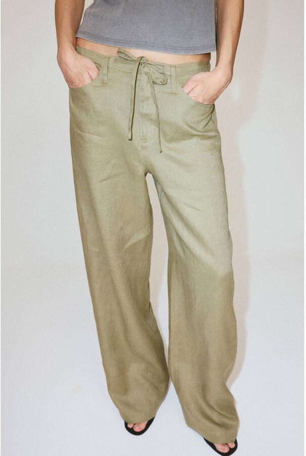 Mango straight leg broek met linnen lichtkaki