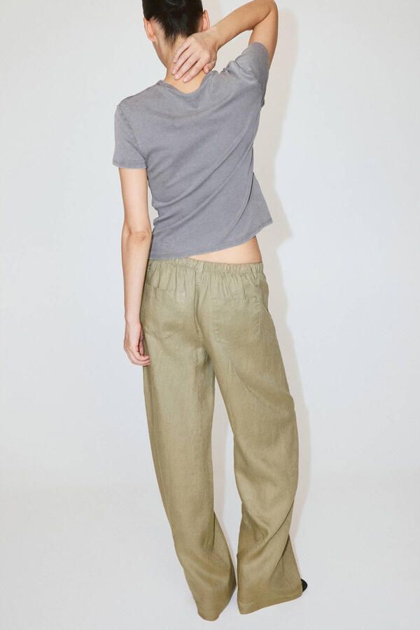 Mango straight leg broek met linnen lichtkaki - Foto 3