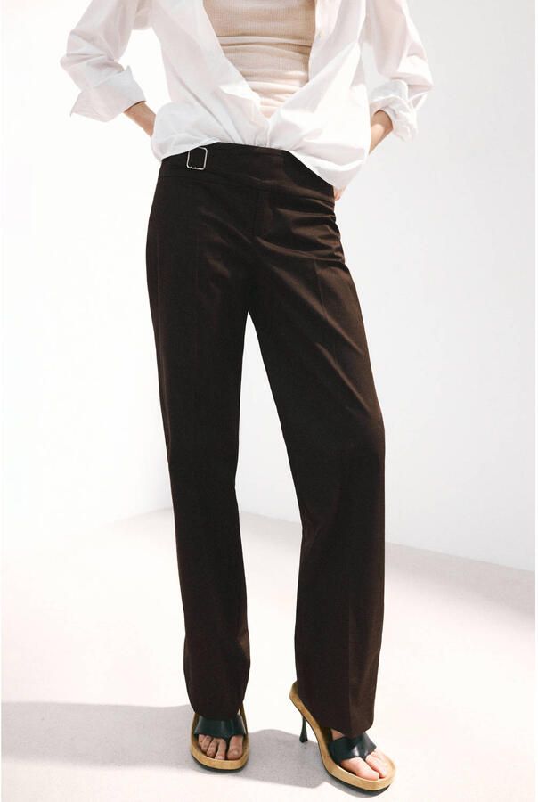 Mango straight leg broek met siergesp donkerbruin