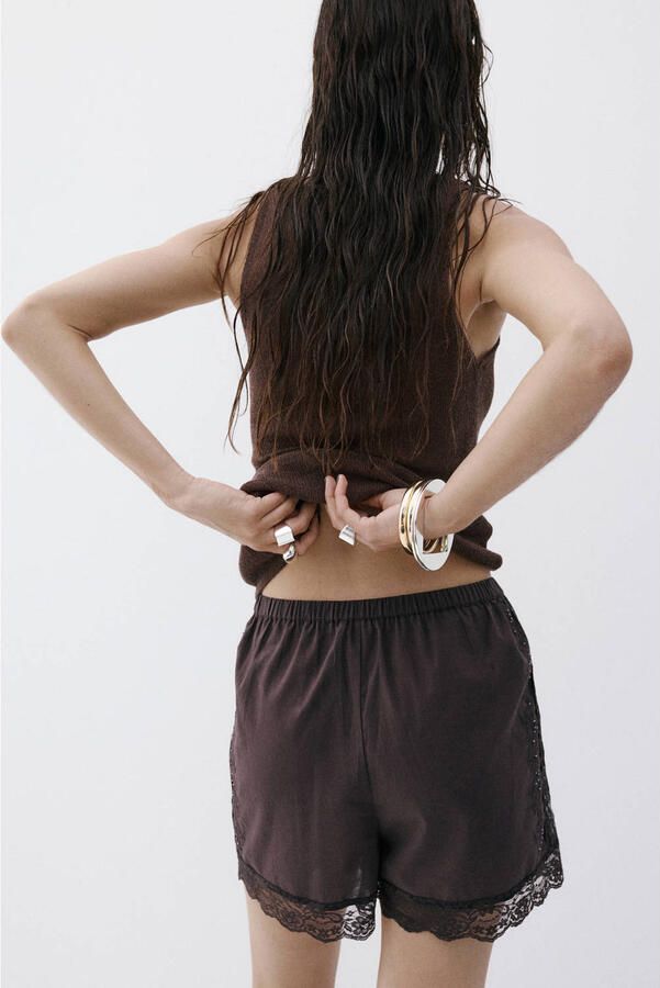 Mango straight leg casual short met borduursels bruin - Foto 3