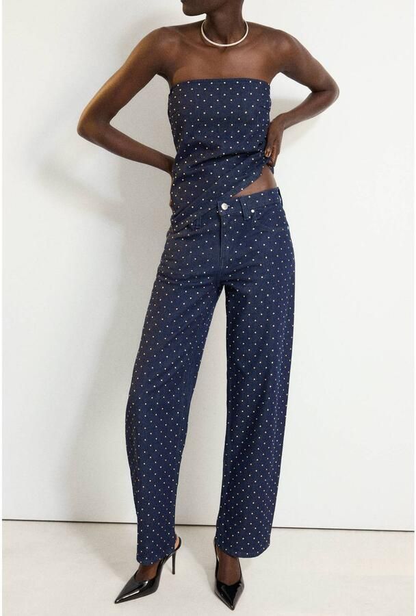Mango straight leg denim broek met strass-steentjes medium blue denim