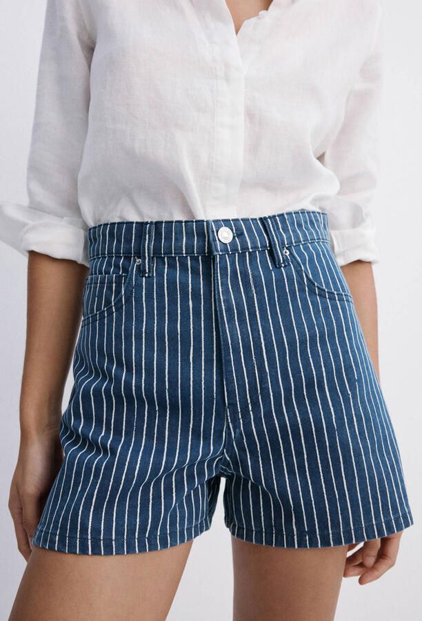 Mango straight leg denim short met krijtstreep donkerblauw