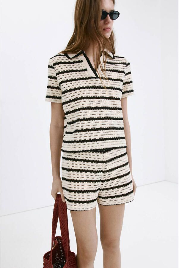 Mango straight leg gestreepte short beige - Foto 3