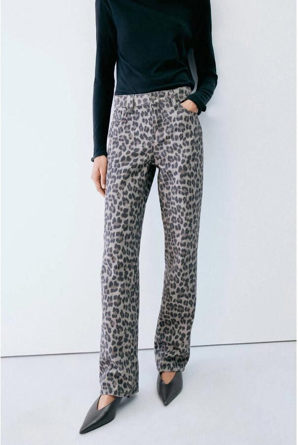 Mango straight leg jeans met panterprint grijs zwart