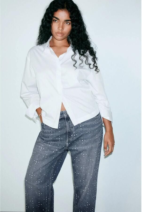 Mango straight leg jeans met strass-steentjes medium blue denim