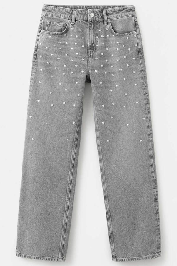 Mango straight leg jeans met studs grijs