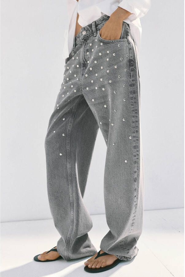 Mango straight leg jeans met studs grijs - Foto 2