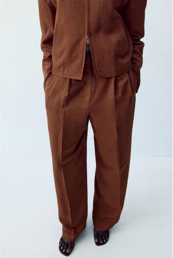 Mango straight low waist broek met linnen koper