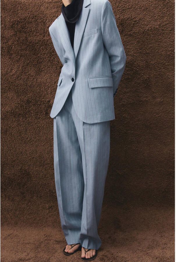Mango straight regular waist broek met krijtstreep blauw