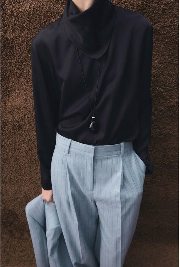 Mango straight regular waist broek met krijtstreep blauw - Foto 2