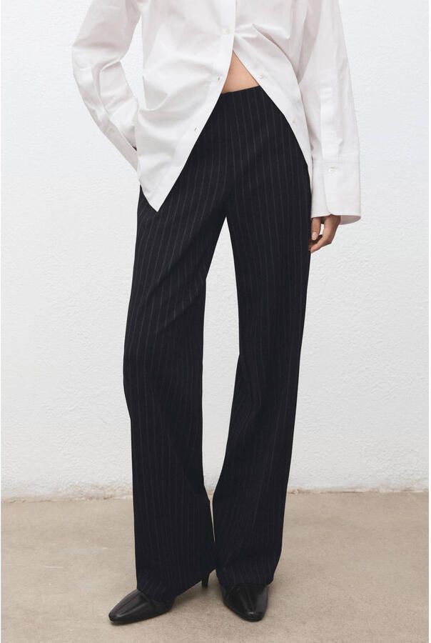 Mango straight regular waist broek met krijtstreep donkerblauw