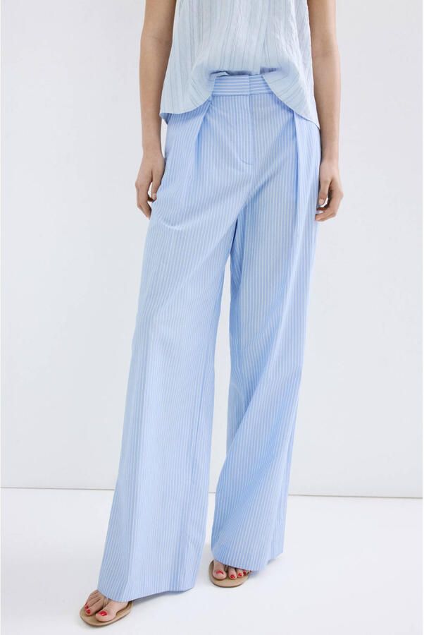 Mango straight regular waist broek met krijtstreep lichtblauw