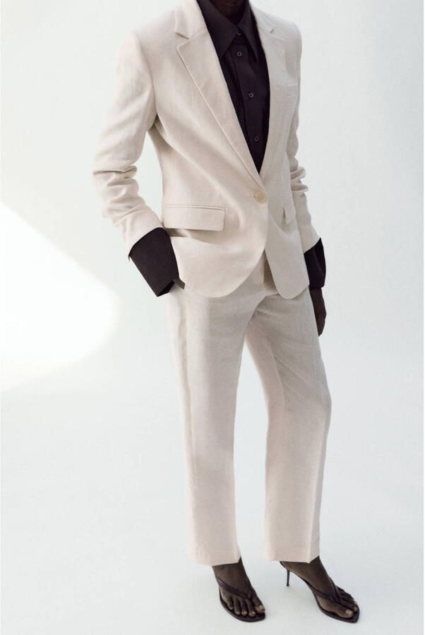 Mango straight regular waist broek met linnen beige