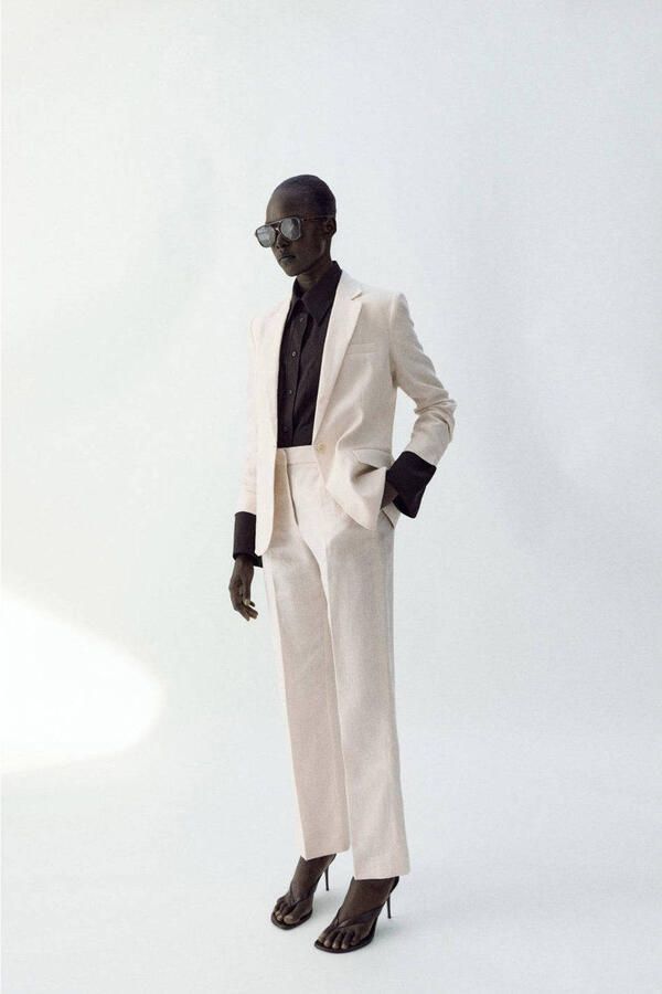 Mango straight regular waist broek met linnen beige - Foto 3