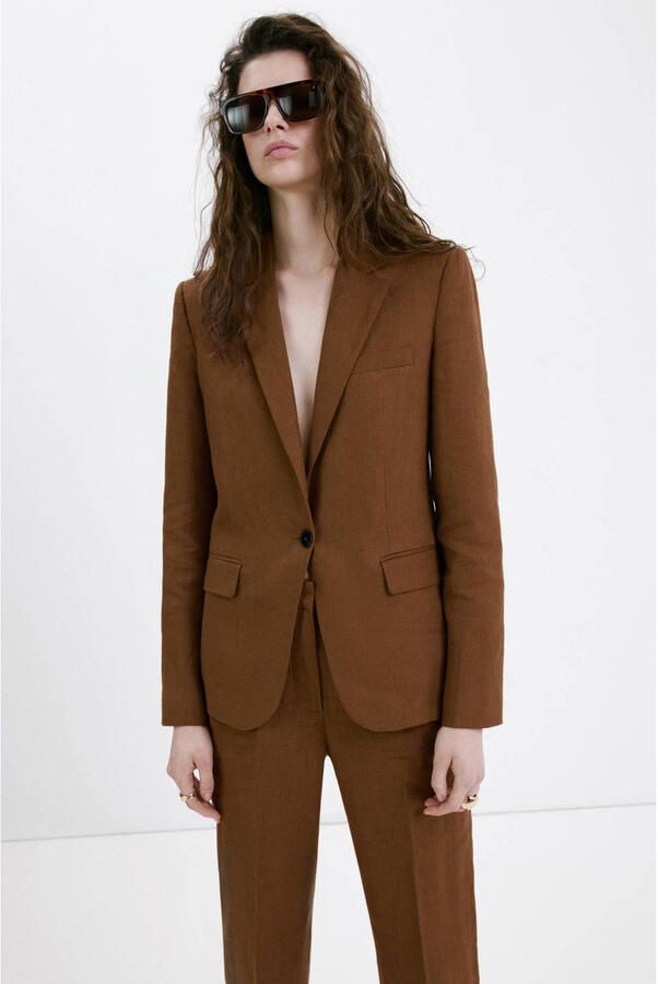 Mango straight regular waist broek met linnen bruin