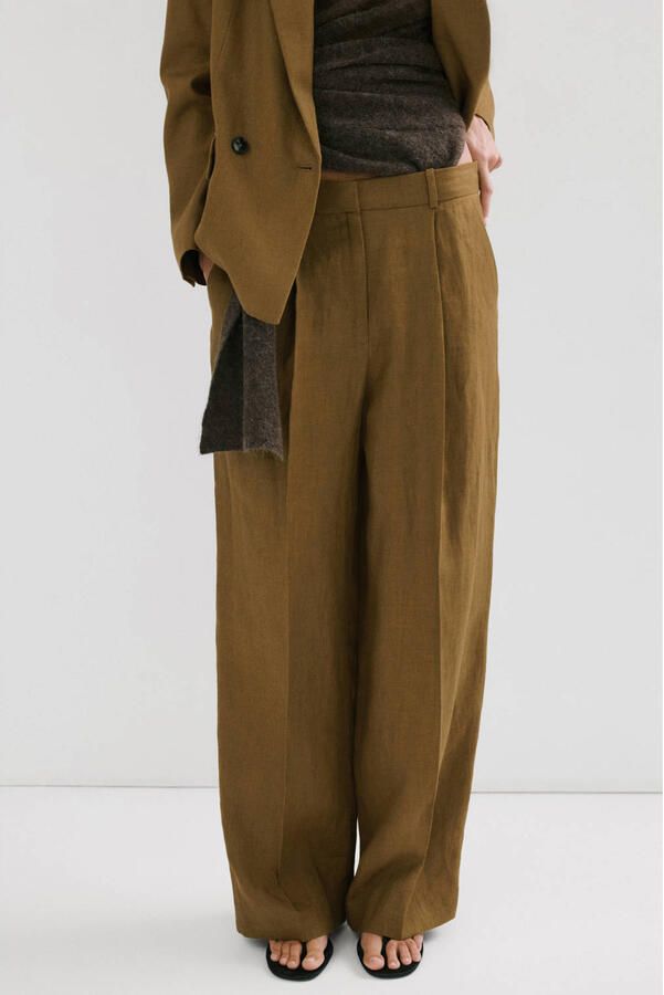 Mango straight regular waist broek met linnen kaki