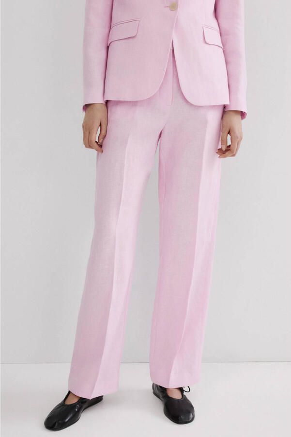 Mango straight regular waist broek met linnen lichtroze