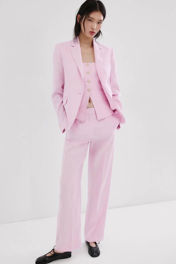 Mango straight regular waist broek met linnen lichtroze - Foto 3