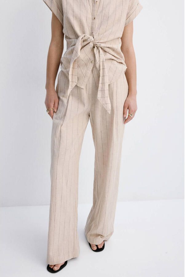 Mango straight regular waist broek met linnen met krijtstreep beige