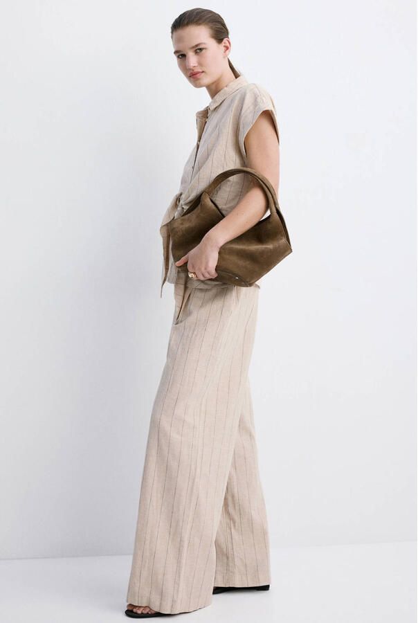 Mango straight regular waist broek met linnen met krijtstreep beige - Foto 3