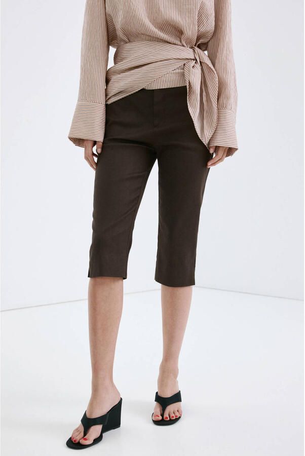Mango straight regular waist capri met linnen bruin
