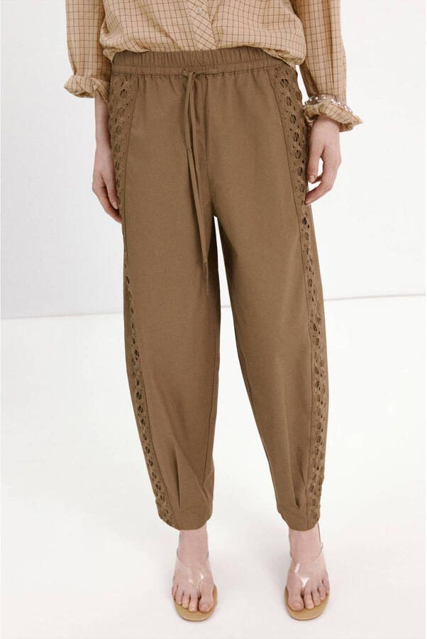 Mango straight regular waist casual broek broderie bruin
