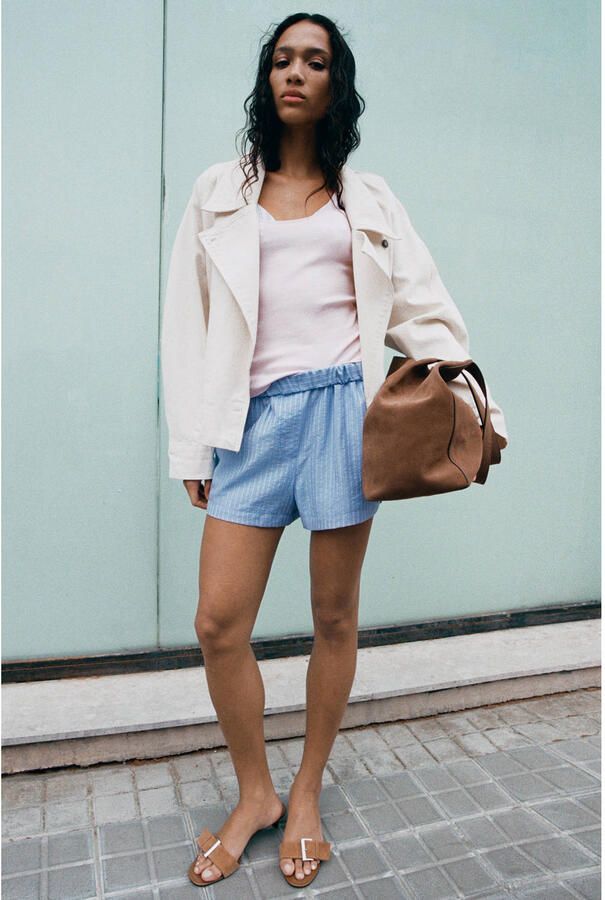 Mango straight regular waist gestreepte casual short lichtblauw - Foto 2