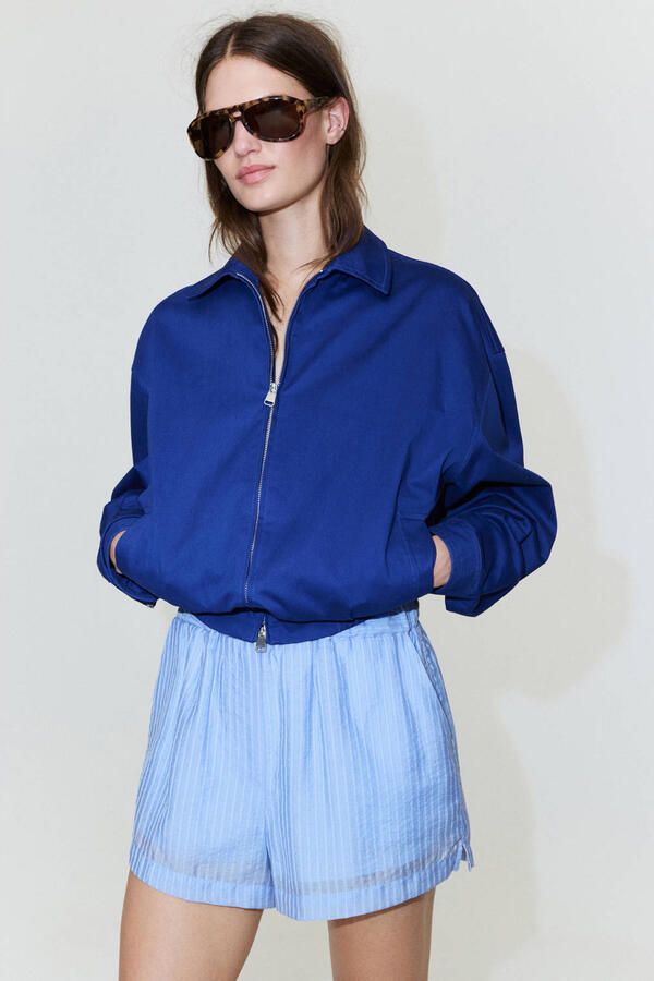 Mango straight regular waist gestreepte casual short lichtblauw - Foto 3