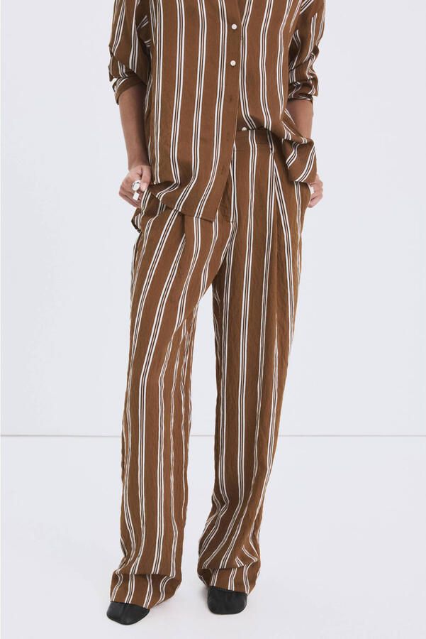 Mango straight regular waist gestreepte pantalon bruin
