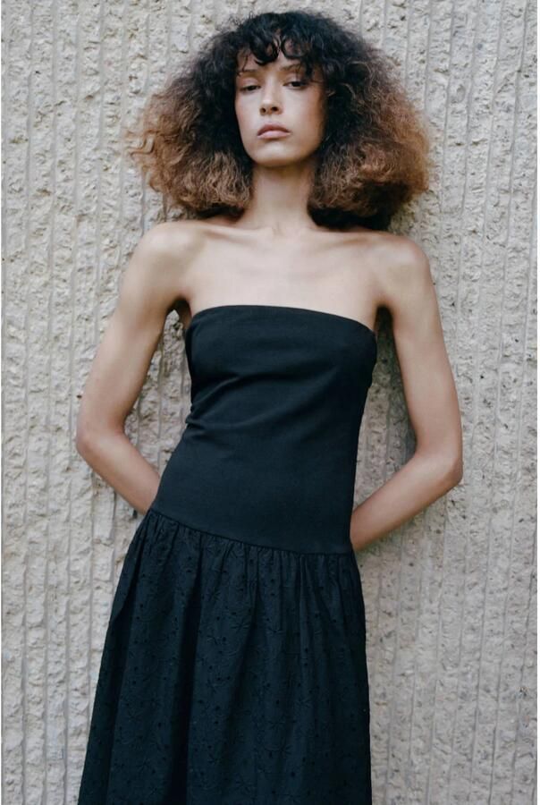 Mango strapless broderie maxi jurk zwart
