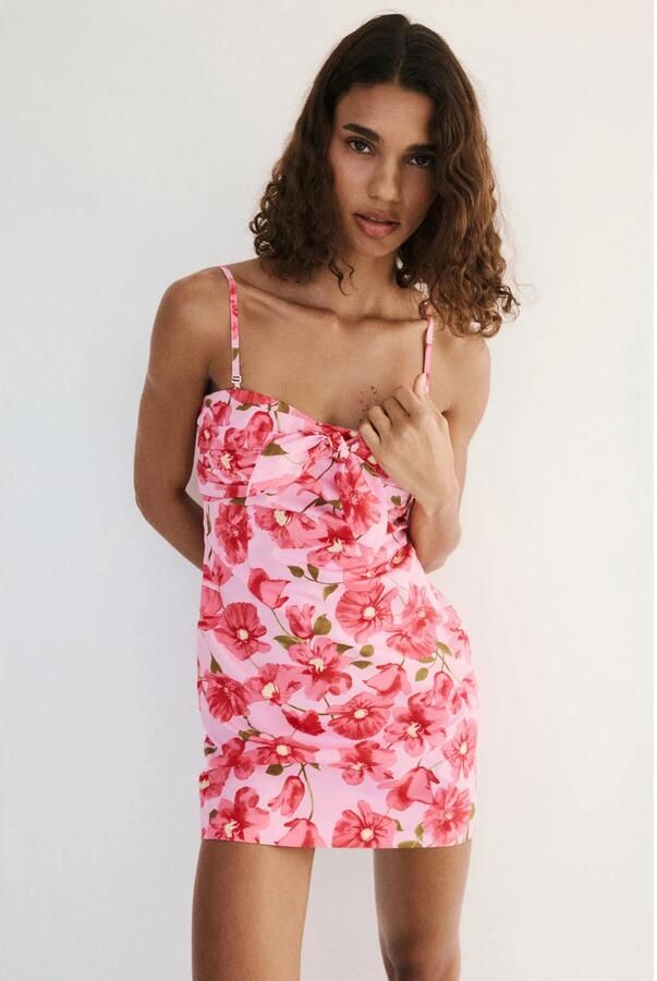Mango strapless gebloemde jurk roze