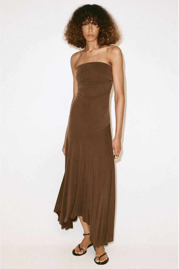 Mango strapless midi jurk bruin - Foto 3