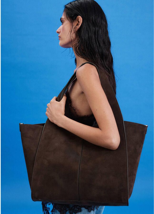 Mango suede shopper donkerbruin - Foto 3