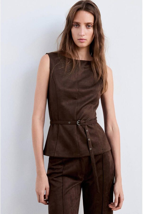 Mango suèdelook top met ceintuur bruin