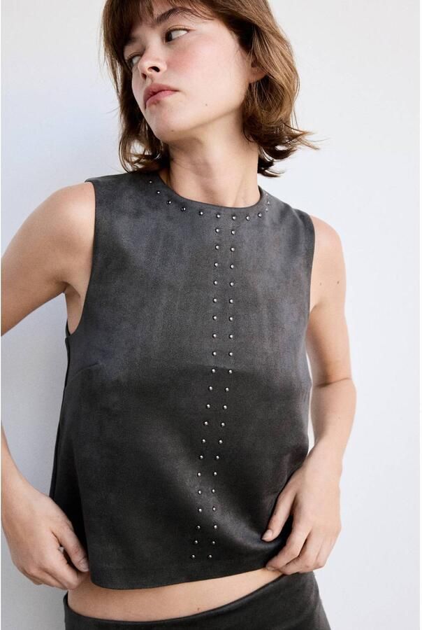 Mango suèdelook top met studs grijs