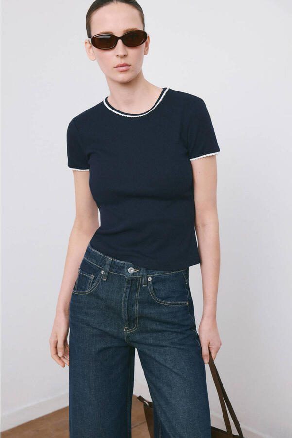 Mango T-shirt marineblauw rib gebreid