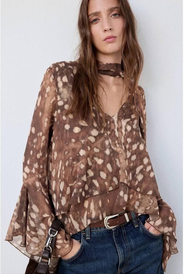 Mango top met dierenprint bruin ecru