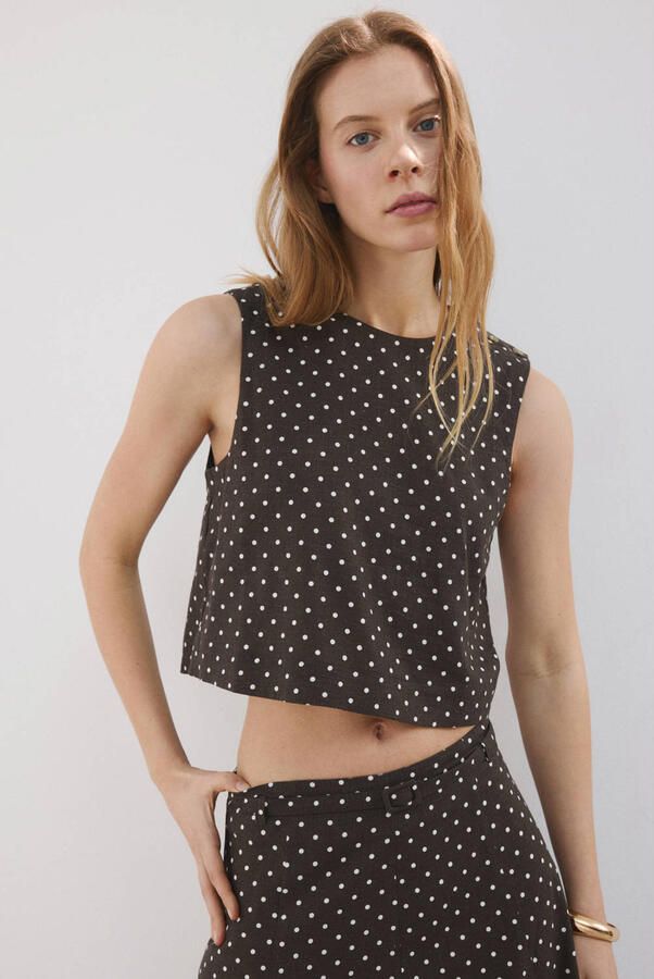 Mango top met linnen met stippen donkerbruin