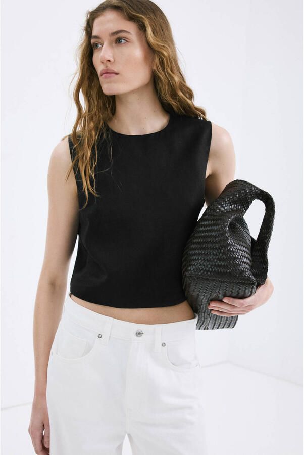 Mango top met linnen zwart