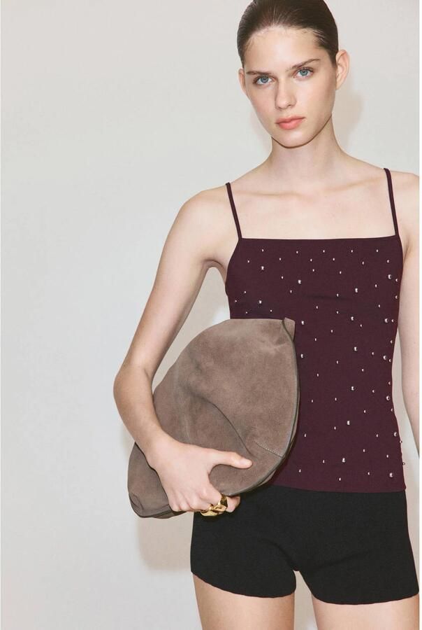 Mango top met parels roodbruin