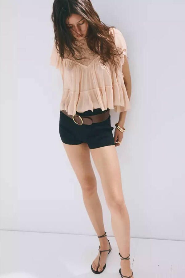 Mango top met ruches lichtroze