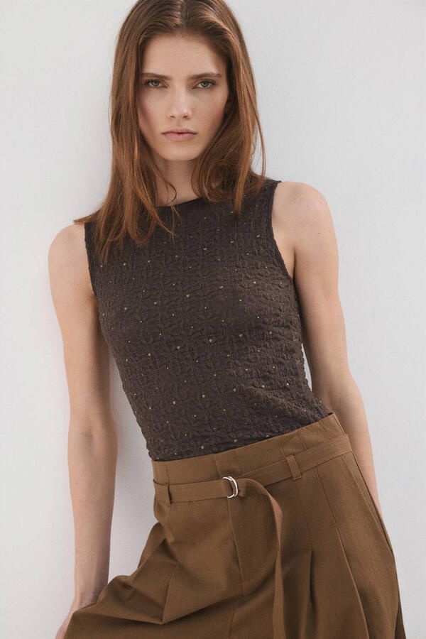Mango top met textuur donkerbruin