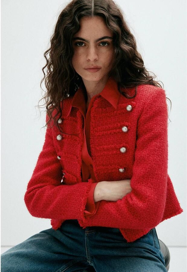 Mango tweed jas met wol rood