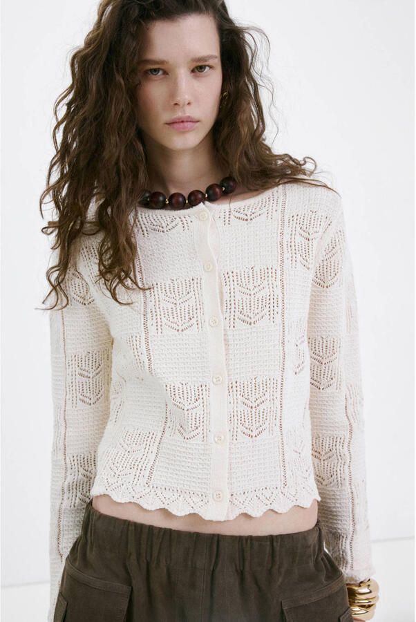 Mango vest met ingebreid patroon ecru - Foto 2