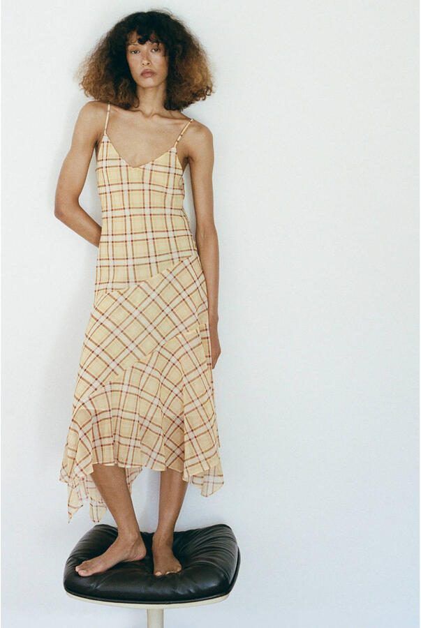 Mango viscose geruite midi jurk lichtgeel